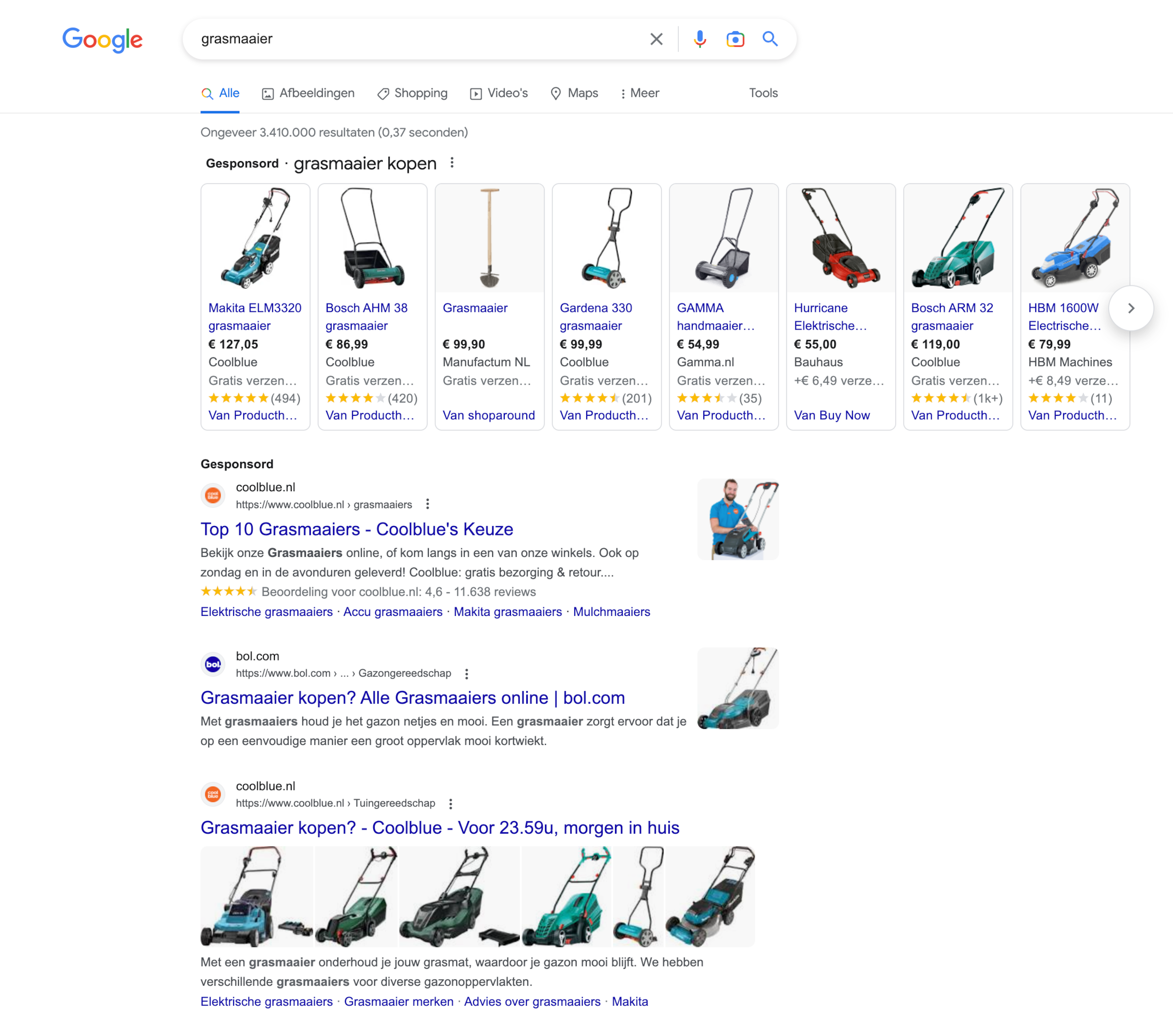 Organische en gesponsorde zoekresulaten op Google voor het zoekwoord grasmaaier.